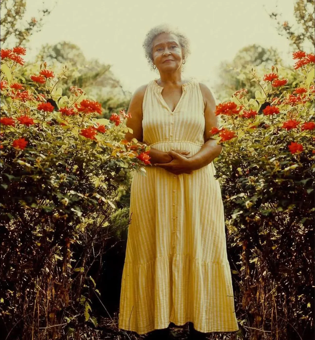 A family portrait among red garden flowers