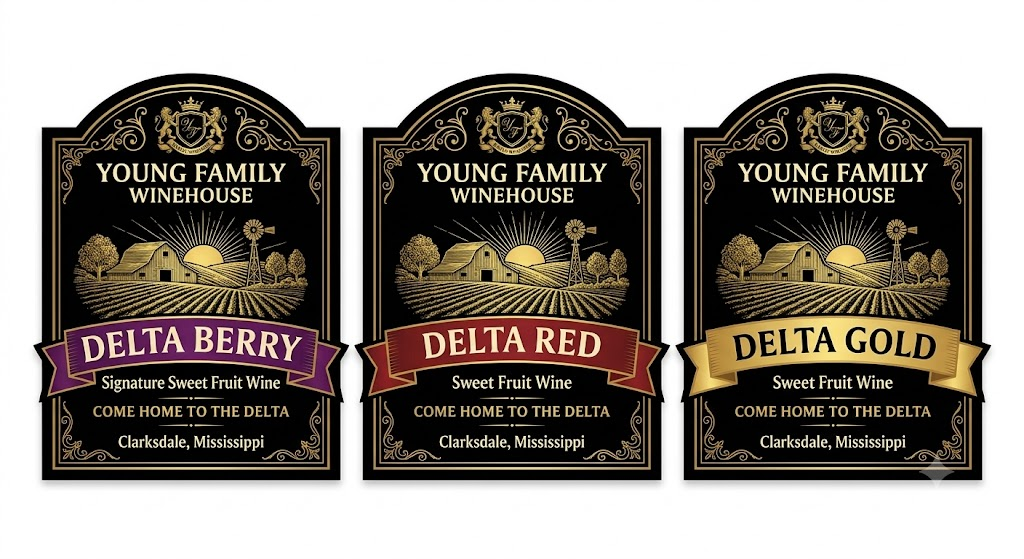Concept artwork for Delta Berry, Delta Red and Delta Gold wine labels; not final product labels